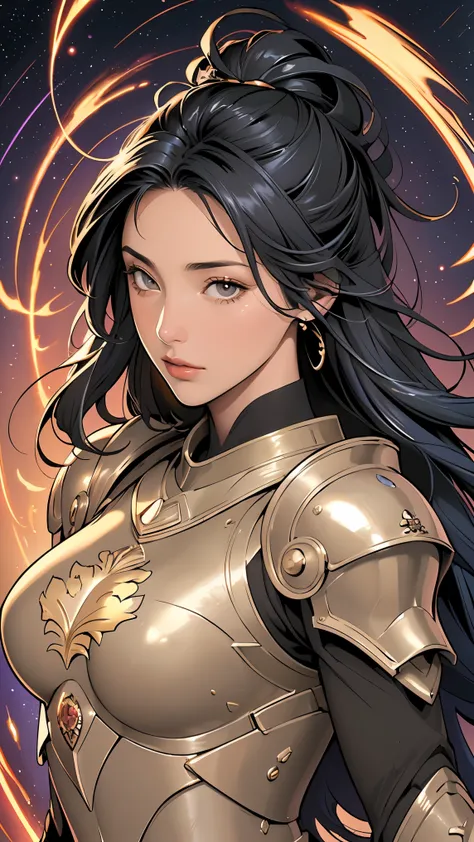 (masterpiece, best quality, BEST QUALITY, Official Art, beautiful、And aesthetic :1.2), (1 girl), extremely detailed eyes, (fractal art:1.3), colorful, Most detailed, (completely complete), shiny skin, high resolution, ( armor and 、gold line :1.2), galaxy...