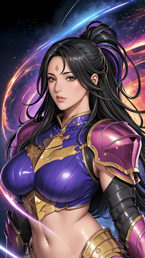 (masterpiece, best quality, BEST QUALITY, Official Art, beautiful、And aesthetic :1.2), (1 girl), extremely detailed eyes, (fractal art:1.3), colorful, Most detailed, (completely complete), shiny skin, high resolution, ( armor and 、gold line :1.2), galaxy...