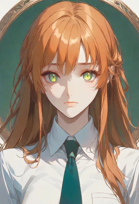 Shirley Fenette, orange hair, green eyes, long hair, school uniform, ashford academy school uniform, necktie,((round face)),Alone,
