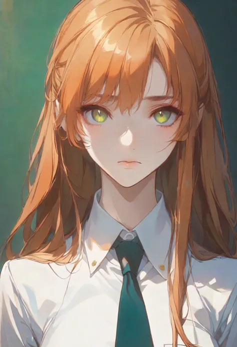 Shirley Fenette, orange hair, green eyes, long hair, school uniform, ashford academy school uniform, necktie,((round face)),Alone,
