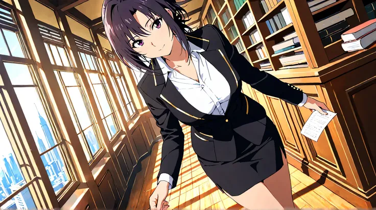 Masterpiece, Best Quality, Top Quality, Very Detailed, 1 girl, A stunning young businesswoman with long, dark hair styled elegantly, dressed in a sleek black blazer with gold accents, a white button-up shirt, and a fitted black pencil skirt. She leans conf...