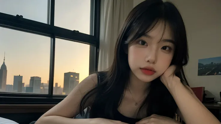 Best quality,masterpiece,Ultra High Details,photorealistic,1girl,solo,looking at viewer,studio , skinniest girl , close face angel , laying on the desk . Big glass window, Big city back ground. Poor lighting , romantic scene, breathe taking atmosphere, 9pm...