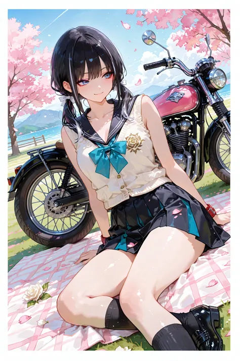 A lone female Saiyan warrior, framed in a cowboy shot angle, rests under cherry blossoms during a picnic, her side profile striking as she sits beside her refined Harley-Davidson, its matte black body with chrome accents humming with quiet power beneath th...
