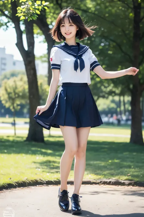 (((Japanese女性))),Women's College,(bob cut:1.2),beautiful dark hair,light in the eye,(thigh),(Black shoes),slender body,(Japanese),(((A cute smile like an idol))),((draw the face accurately)),Beautiful and big breasts,(Standing in the park:1.5),(((Strong wi...