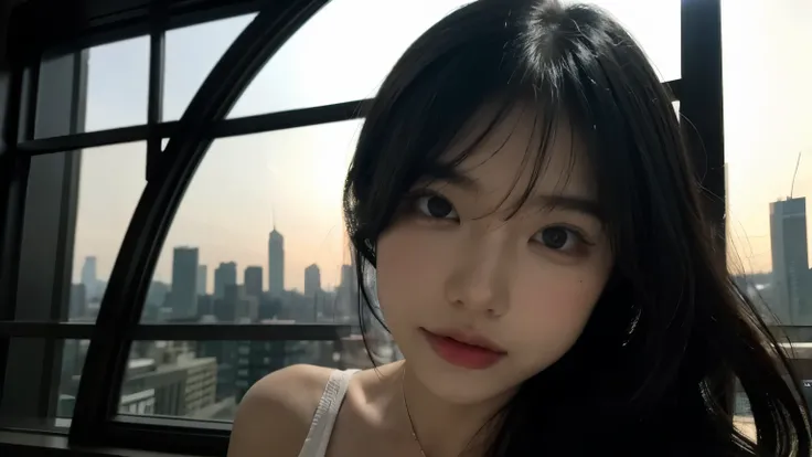 Best quality,masterpiece,Ultra High Details,photorealistic,1girl,solo, looking through the glass of the window,studio , skinniest girl , close face angel , laying on the edge of the window. Big glass window, Big city back ground. Poor lighting , romantic s...