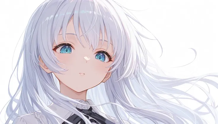 best quality,hyper-detailed,1girl,solo,eyes look down,Dynamic view,Kuchinashi Yume,Straight cut,white hair,blue eyes,white iris center,standing,white background,