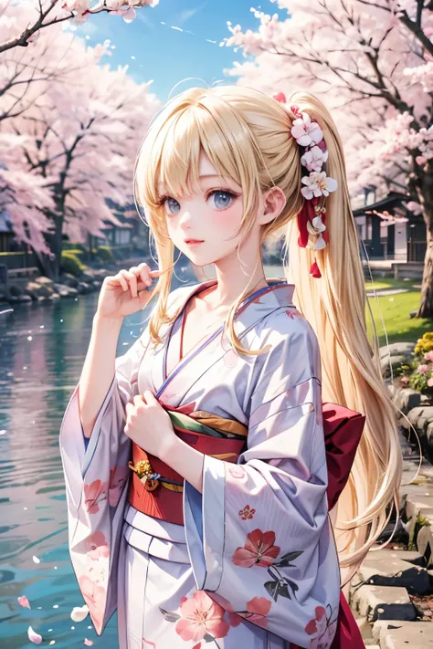 masterpiece,best quality,VERY DETAILED,photorealistic,realistic, ultra high resolution, Masterpiece,Pretty Girl,elegant,(small breasts),Age 15,very long blonde,skinny,Completely,slender,(flat chest),is very cute, kimono, Japanese kimono, Traditional Japane...
