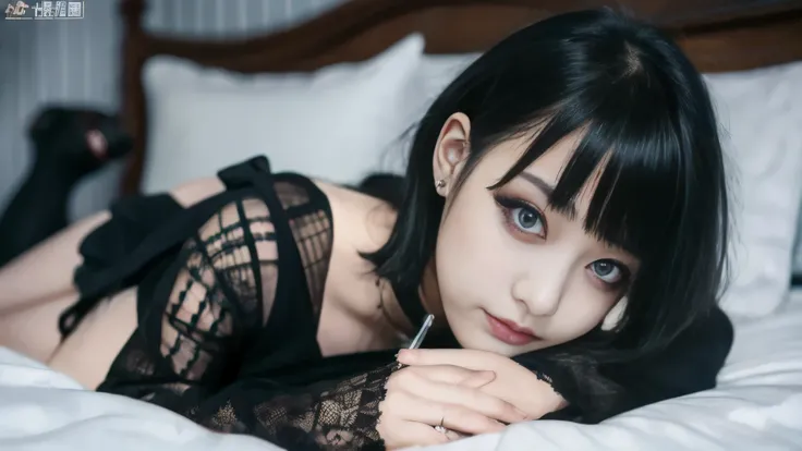best quality , 8k, 1 Japanese woman 、 beautiful face 、 Gothic Makeup 、Big Breasts、 innerwear 、 on the bed、 Front Angle 、Studio quality、musical、