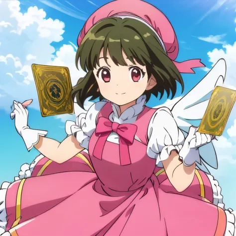 Holding a card, a cute and dramatic pose, looking at the viewer smiling cheerfully, sky background and clouds, dark pink dress and wings, pink hat, close-up scene, beautiful details