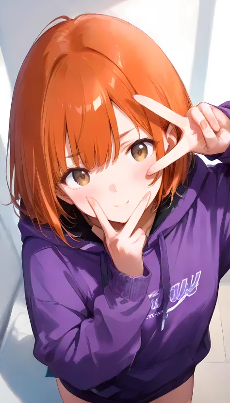 Put your face up for a V sign、and looks down from above、hoodie