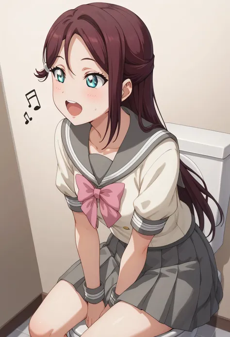 An image of Riko Sakurauchi  ,  medium breasted style , wearing a sailor fuku and a gray skirt   , Sitting on the toilet while singing happily.