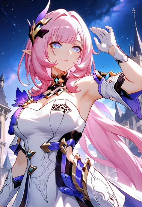  source_anime, masterpiece, best quality, 1girl, solo, Elysia, Ely_Def, In the castle, standing,Shooting an arrow, looking at you, gentle smile, long hair, pink hair, elf, elysia (honkai impact), white dress, white gloves, hair ornament, bare shoulders, cl...