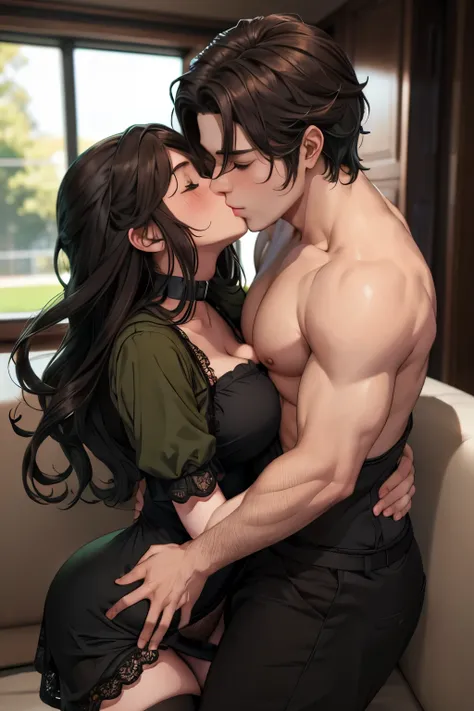 Sexy MILF with long wavy brown hair wearing a black lacy sundress and a brown miniskirt kissing and making out passionately with a young boy on the couch, intimate, green color grading