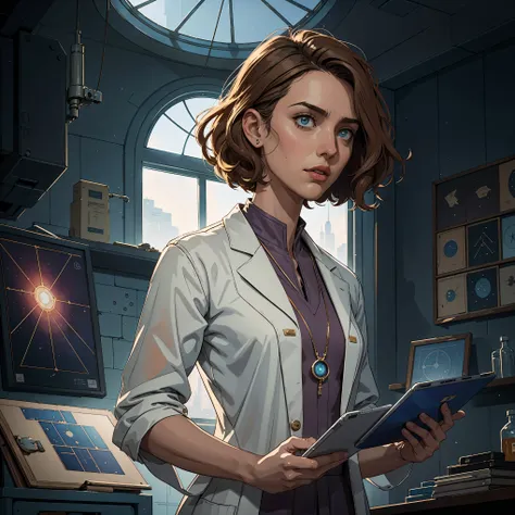 marqual, young female character in a scientist lab coat and holding futuristic tablet, medium length curly bob hair, Watercolor expressionist, disco elysium, dishonored, concept art style, dave mckeans, Warren Ellis and illustrated by Ben Templesmith, stan...