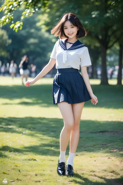 (((Japanese女性))),Women's College,(bob cut:1.2),beautiful dark hair,light in the eye,(thigh),(Black shoes),slender body,(Japanese),(((A cute smile like an idol))),((draw the face accurately)),Beautiful and big breasts,(Standing in the park:1.5),(((Strong wi...