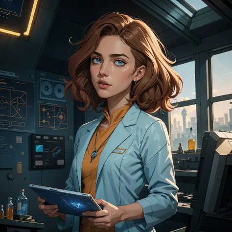 marqual, young female character in a scientist lab coat and holding futuristic tablet, medium length curly bob hair, Watercolor expressionist, disco elysium, dishonored, concept art style, dave mckeans, Warren Ellis and illustrated by Ben Templesmith, stan...