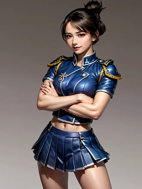 ((((A woman in a blue military uniform,military,pleated skirt,mini skirt,simple background,Confident Expression,Fearless Smile,Arms crossed pose, standing with legs open)))),1 woman,is standing with her hands on her hips,3/4 shots,highly detailed facial an...