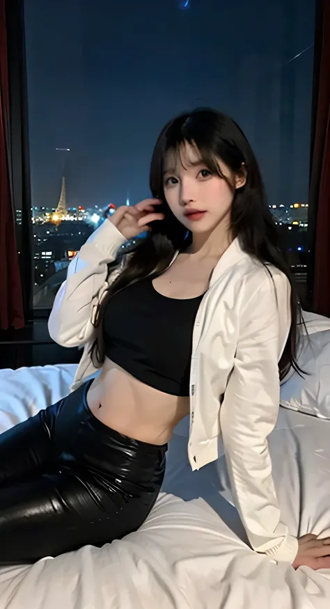 Skinniest girl ever,small round ass , black leggings, naked torso , cute sexy croptop, thin wool jacket, dark pink nipples , big glass window, night sky , big Paris city , laying on the bed , wide angle