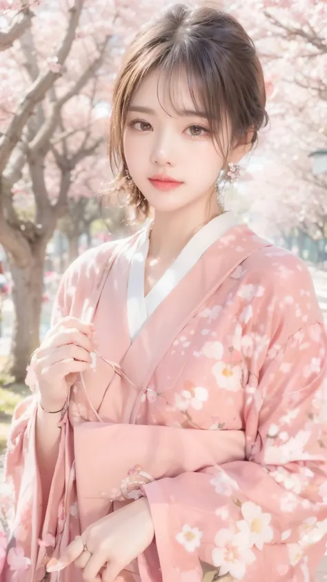 A path lined with flourishing cherry blossom trees、Background with、cherry trees、full bloom、Street Trees、stone pavement、a river、bru、Kanzashi、