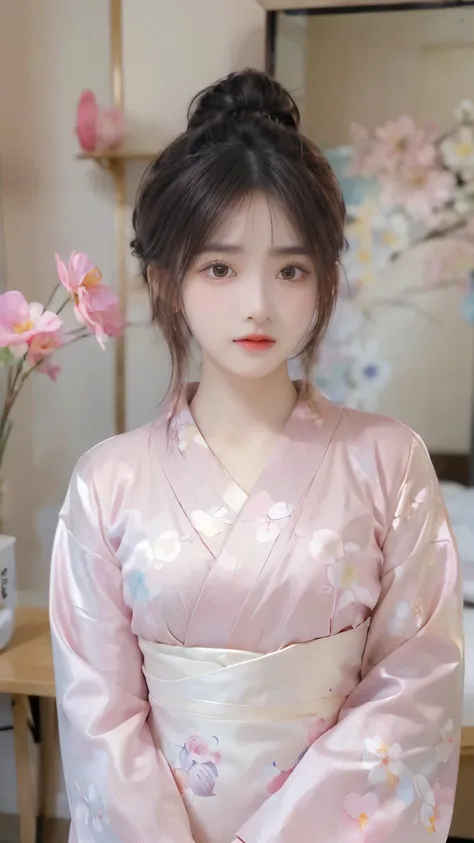 masterpiece、Actual Photos、(Cute looks:1.2)、(Cute beautiful girl:1.2), (Facial beauty:1.3),(bun: 1.2)、( detailed and beautiful eyes :1.1), cute eyes hidden in long bangs、( detailed eyes :1.3)、 small face 、(Popular Korean makeup:1.3),smile、( pink kimono:1.2...