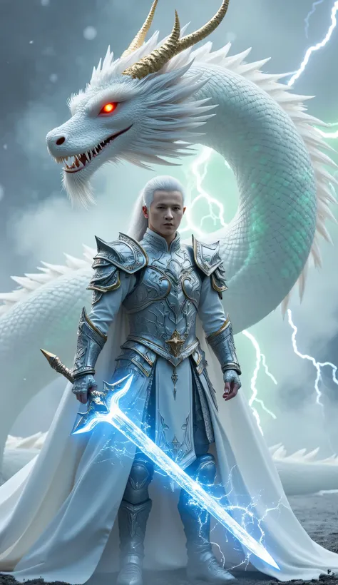 A majestic male character with long platinum hair, sharp cold eyes, and pointed dragon horns on his forehead, exuding an otherworldly aura. He wears silver armor inspired by dragon scales, with intricate dragon patterns covering his shoulders and chest, ra...