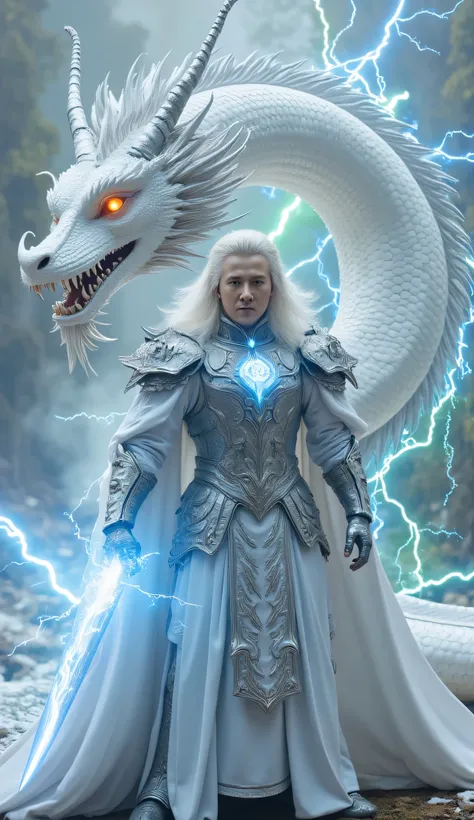 A majestic male character with long platinum hair, sharp cold eyes, and pointed dragon horns on his forehead, exuding an otherworldly aura. He wears silver armor inspired by dragon scales, with intricate dragon patterns covering his shoulders and chest, ra...