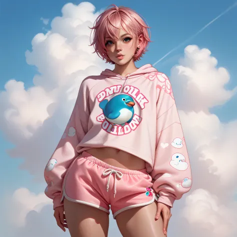 1boy, femboy, pink hair, oversized pink cloud print sweatshirt, fair skin, curvy body, flat chest, short dolphin shorts