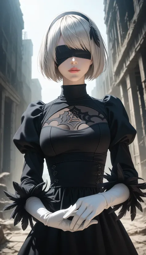 Score_9, Score_8_up, Score_7_up, 32k, masterpiece, highest quality, Photo Writing, bright colors, contrasting lighting, movie lighting,
2B Neal Mechanical Era,
bob cut, gray hair, bangs, Blindfold, pink lips,
BLACK GOTHIC DRESS , long sleeve shirt , ...