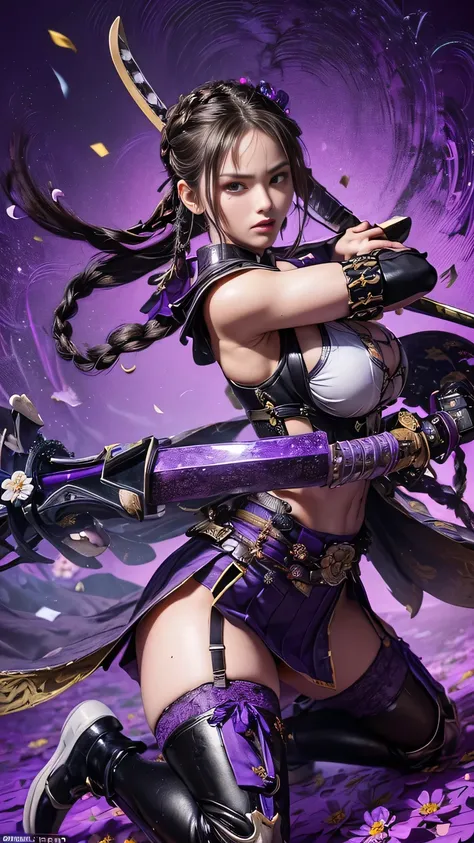 young woman,Oiran,warrior,(wielding a huge_weapon:1.6), VERY DETAILEDな, realist,(),(from front:1.6),(),(battle pose:1.8), Brilliant Appearance ,extremely detailed, Imaginative,sensual ,best quality,  skin texture,(French braid hair:1.6),(black hair:1.6),mu...