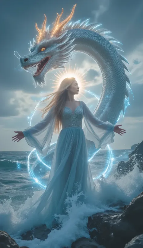 The beautiful painting has a magical and surreal style, depicting a mysterious goddess standing among the raging waves, radiating a divine light. She wears a long silver-blue dress, embroidered with light and thin silk ribbons that flutter, blending with t...