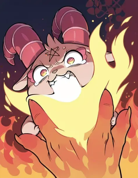 [Theme - Palm 🫳] [Daily Challenge] [Model Test*] - masterpiece, best quality, giant_hand, GrimV25, irritation_expression, solo, GrimV25, chibi, small, curved horn, pentagram on forehead, large pupil, being squished by giant_hands, (funny expression), squis...