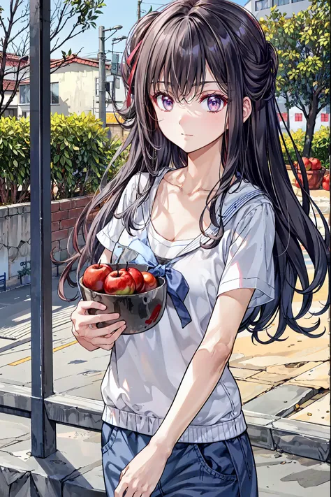   High definition raw color photo , Professional Shooting, (((Bokeh))), written border depth, Many apples have fallen from the sky 、camisole、短いhair、chest, hair，shortcuts for white doors，His Left Eye Hair Is Unkempt，短い編み込みのhair， Neat ， Slender beautiful wom...