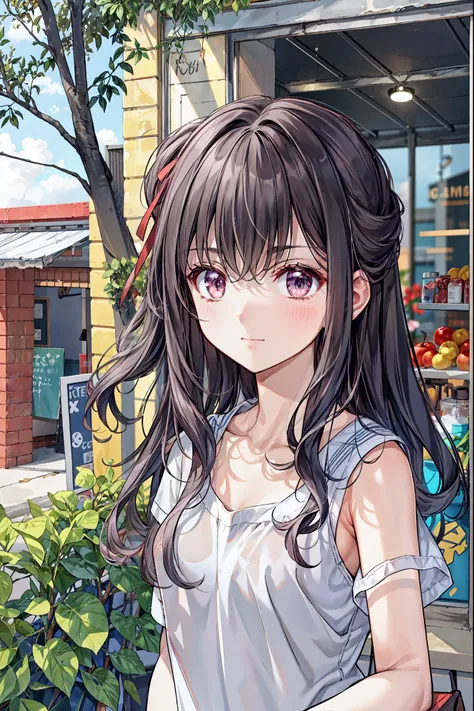   High definition raw color photo , Professional Shooting, (((Bokeh))), written border depth, Many apples have fallen from the sky 、camisole、短いhair、chest, hair，shortcuts for white doors，His Left Eye Hair Is Unkempt，短い編み込みのhair， Neat ， Slender beautiful wom...