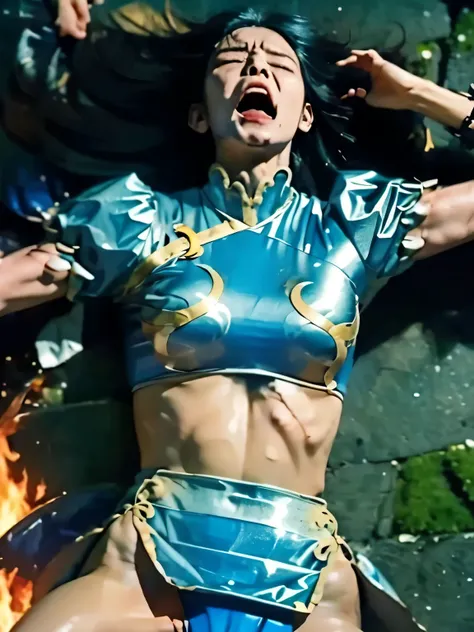 large amounts of dark energy hit directly on the abdomen and are being blown backwards, My body is burning with purple dark energy , scream, close your eyes , hurts, torn clothes, high resolution, ,