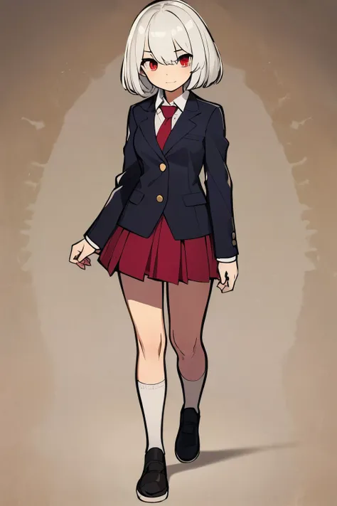 A young girl with short, long white hair, red eye, They are dressed in a school uniform consisting of a dark gray blazer with a white trim, full body, a white shirt, and a red tie. The character also wears a matching red pleated skirt. The image has a sof...