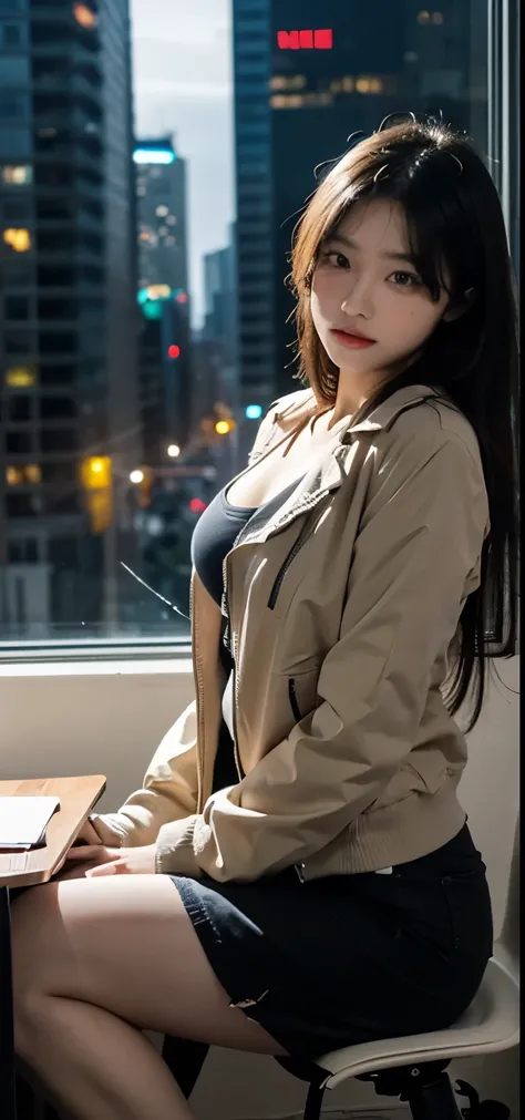 Best quality,masterpiece,Ultra High Details,photorealistic,1girl,solo,looking at viewer,studio light, sexy skinny cute girl ,dark office sitting on the desk , night city background, shading, wearing sexy cute clothes , thin jacket