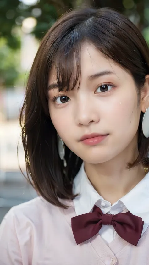 Ayase Momo, 1 girl,  jewelry, solo, earrings, brown hair,
Overlapping Bangs Between Eyes, short hair, black choker, Tai Eyebrows,big breasts,brown eyes, 
school uniform, pleated skirt, collar shirt, Classroom,
(((pink knit over y-shirt))),((bow tie)),((HIG...