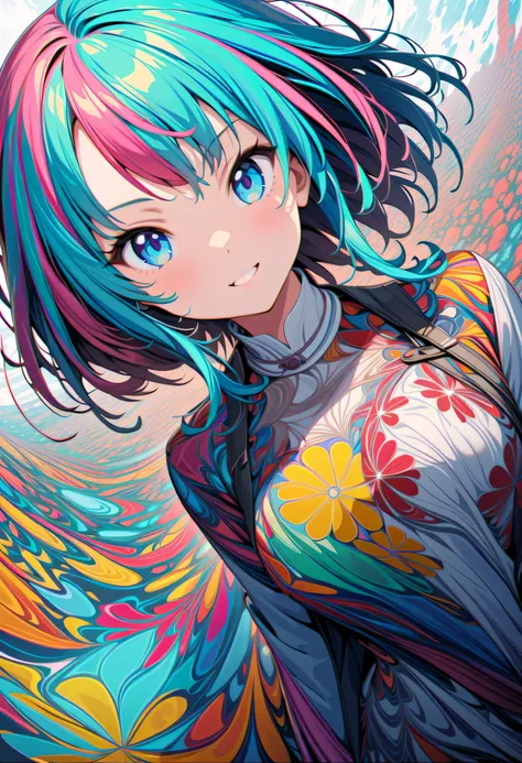 (masterpiece, best quality, Official Art:1.2), (colorful), perfect anatomy, watches the audience,one girl, alone, white background, floating colorful water, super precise illustration, High Details , dynamic angle, beautifully detailed , 8k, 壊す smiling a...