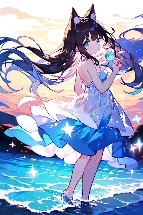 Masterpiece , girl with long dark brown hair, turquoise blue eyes, fish ears, short dress blown by the wind color light blue, sea pearls in the hair, dress with several layers of transparent fabric type of dress: sun dress short cantilever party decorate...