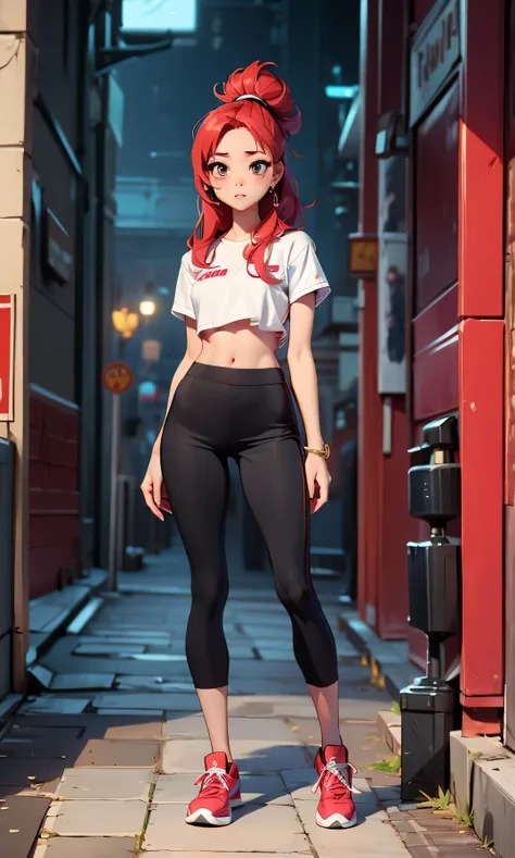 Masterpiece, high facial detail, a beautiful girl, Yuna ITZY, actress yuna, red hair, black eyes, blushing, full body, a thin and tall girl, flat chest, abdomen, textured skin, nice legs, long legs, white top, black pants, sport shoes, head on, standing, s...