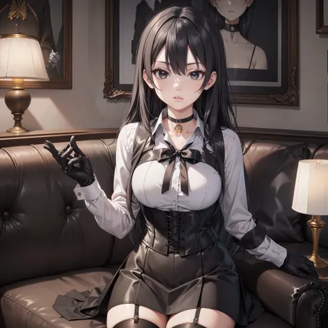 Masterpiece, beautiful art, professional artist, 8K, sciamano240 art style, very detailed face, detailed clothing, Detailed fabric, (A young girl of short stature), sitting on a couch, perfectly drawn body , beautiful face, closed lip vest, (long black ...
