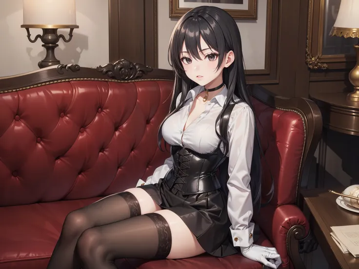 Masterpiece, beautiful art, professional artist, 8K, sciamano240 art style, very detailed face, detailed clothing, Detailed fabric, (A young girl of short stature), sitting on a couch, perfectly drawn body , beautiful face, closed lip vest, (long black ...