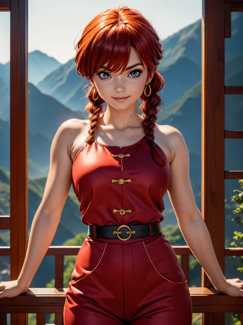 (solo:1.3),1girl(Ranma, main character of anime(Ranma 1/2),cute,sexy,braided brown hair,yellow eyes,red chinese clothes,smile,Ranma Saotome,braids,red hair,single braid,braided ponytail,red eyes,pants,chinese clothes,Chinese bamboo pattern,dynamic kung fu ...