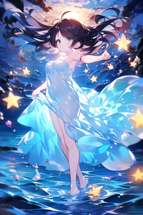 Masterpiece , girl with long dark brown hair, turquoise blue eyes, fish ears, short dress blown by the wind color light blue, sea pearls in the hair, dress with several layers of transparent fabric type of dress: sun dress short cantilever party decorate...