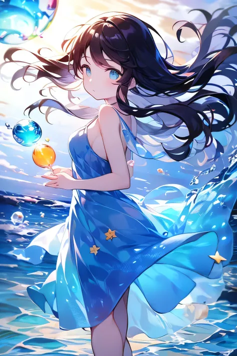 Masterpiece , girl with long dark brown hair, turquoise blue eyes, fish ears, short dress blown by the wind color light blue, sea pearls in the hair, dress with several layers of transparent fabric type of dress: sun dress short cantilever party decorate...