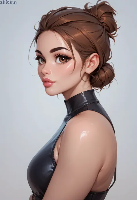 simple background, from side, looking at viewer, perfect face, hair low bun, slick brown hair, black eyebrows, natural eyebrows, big eyes, brown eyes, thick lips, beautiful woman