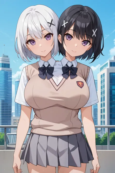 conjoined, 2girls, 2heads, two heads, a tall thin girls with 2 heads, x hair ornament, white hair, black hair, short hair, purple eyes, large breasts, front shots, skirt, shirt, school uniform, white shirt, short sleeves, pleated skirt, grey skirt, sweater...