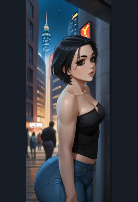 perfect body, black hair, short hair, black thin eyebrows, brown eyes, black eyeliners, nose, thin lips, collarbone, cleavage, medium breasts, black tube top, blue denim jeans, short jeans, (thick thighs:1.3), (standing), ((night sky, new york city, street...