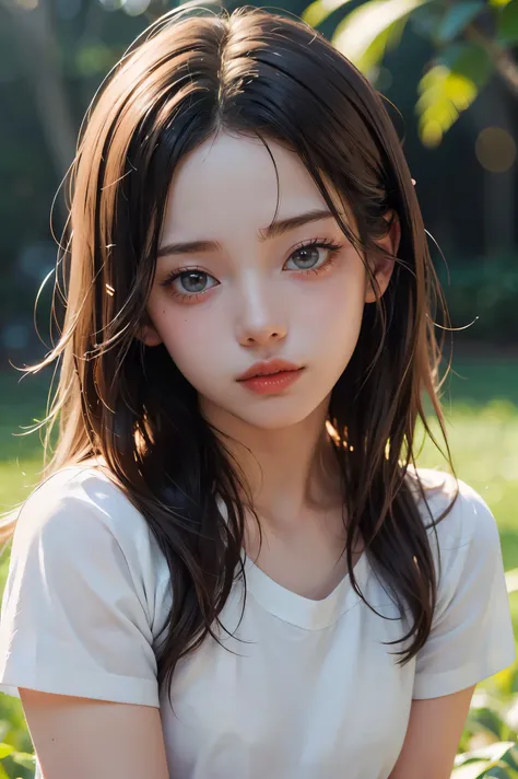 A young girl, similar to chloë grace moretz,long straight brown hair, white short-sleeve t-shirt, black underwear, sensual expression, straight posture, arms relaxed at sides, (best quality,4k,8k,highres,masterpiece:1.2),ultra-detailed,(realistic,photorea...