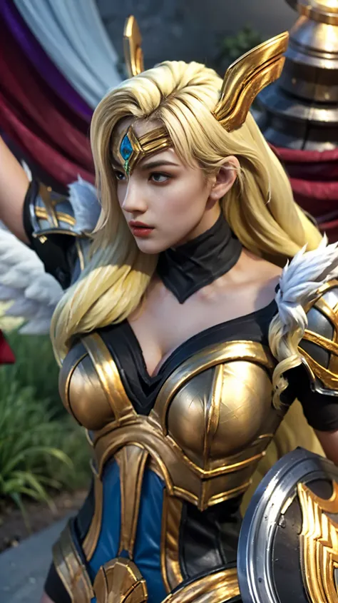 rn9_freya_mlbb, shoulder armor, breastplate, blonde hair, cleavage, cinematic background, big breast, Thick breast, breast ball, bring sword and Shield, have wings, getting ready pose, skin detail, breast skin detail, serious face